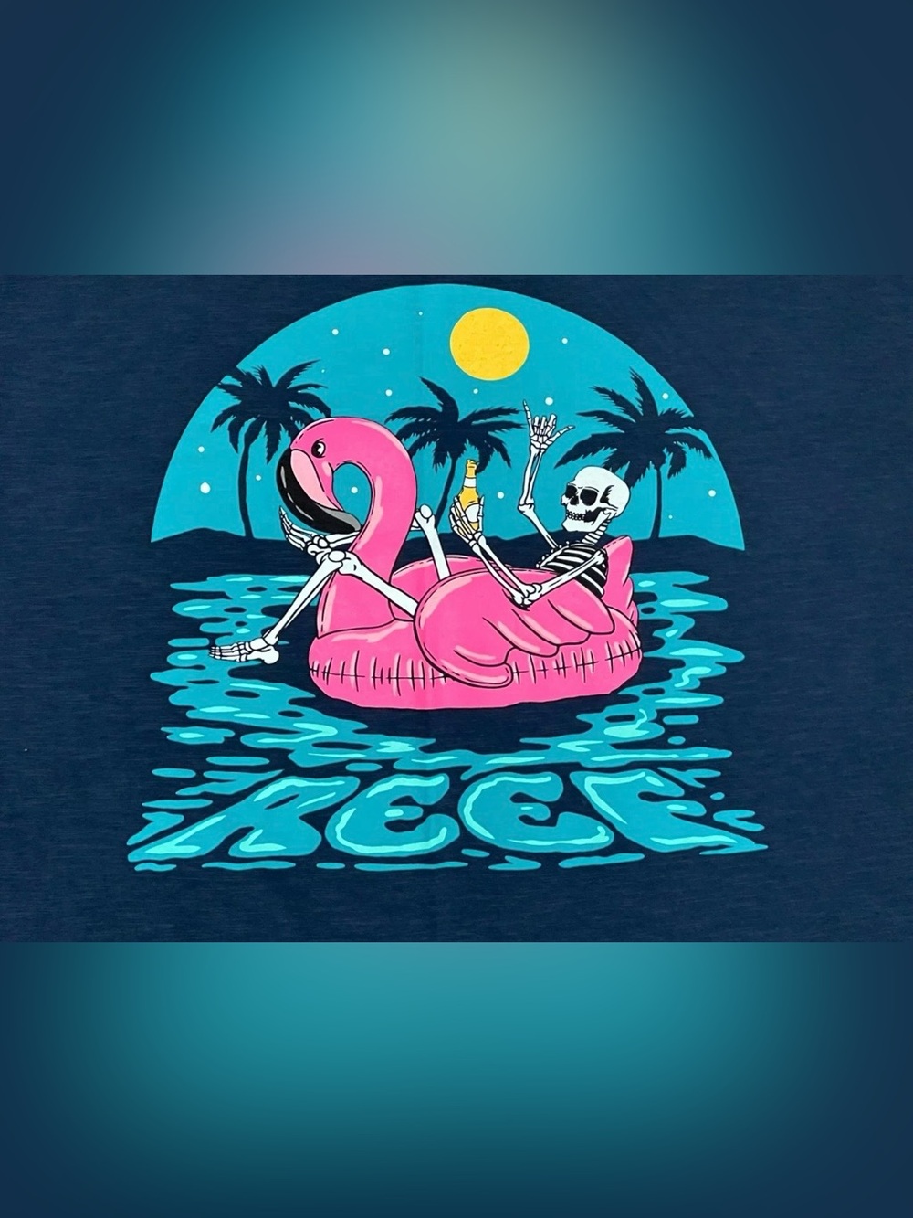 XL Mens REEF Blue Tee Shirt Top 2-Sided Skeleton Beer Beach Flamingo Summerween